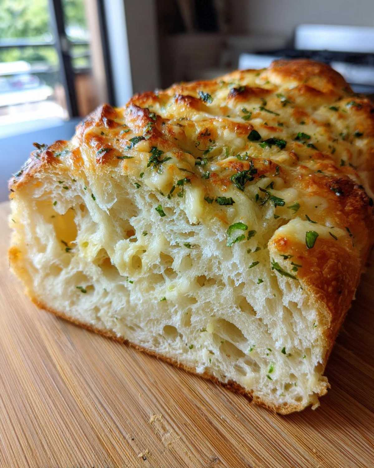 Close-up of the fluffy interior of Italian herb and cheese bread showing melted cheese and green herbs.