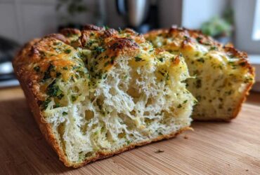 Close-up of a loaf of Italian herb and cheese bread sliced open, showing the fluffy interior and cheesy, herby topping.