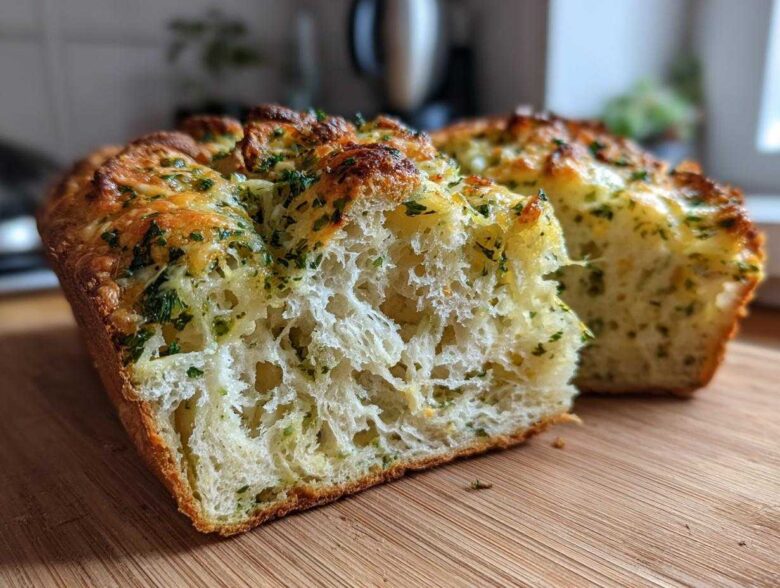 Close-up of a loaf of Italian herb and cheese bread sliced open, showing the fluffy interior and cheesy, herby topping.