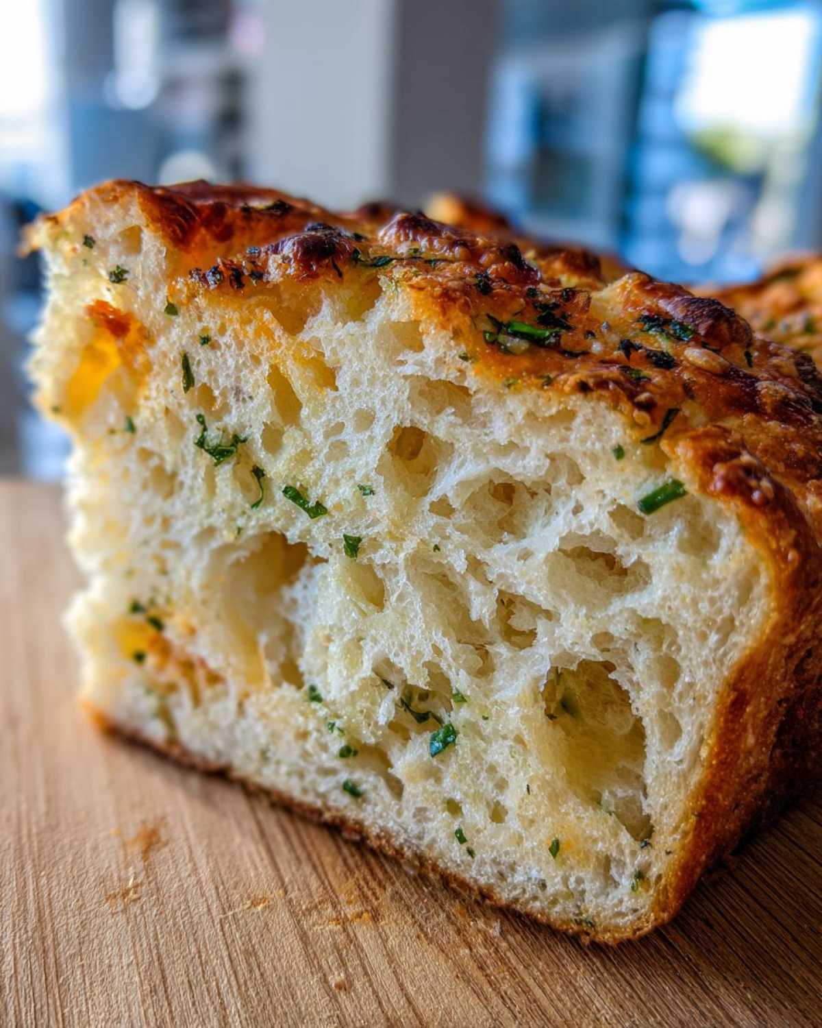 A close-up cross-section showing the airy crumb and melted cheese topping of the Italian herb and cheese bread.