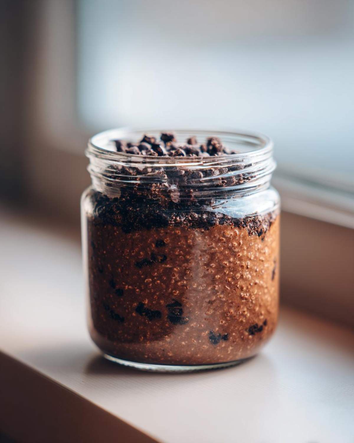 Close-up of rich chocolate overnight oats in a glass jar, topped with chocolate chips.