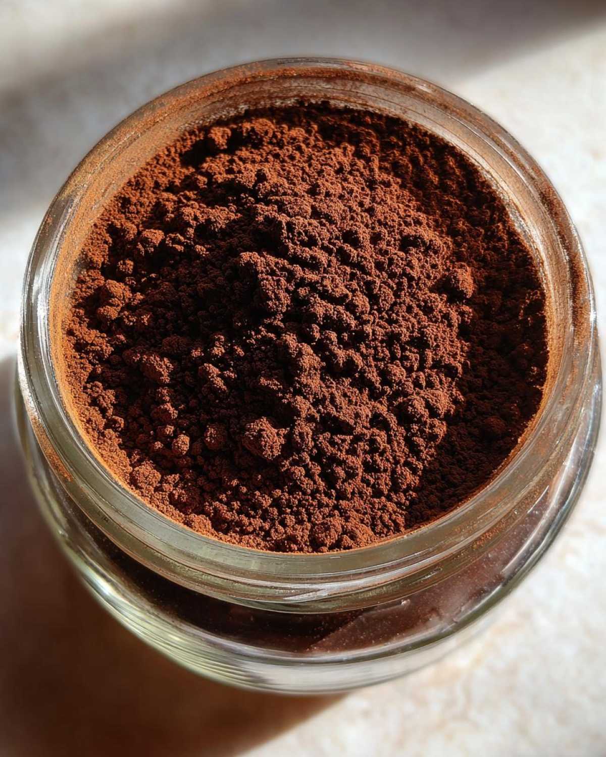 Overhead close-up of rich brown homemade hot cocoa mix powder filling a clear glass jar.