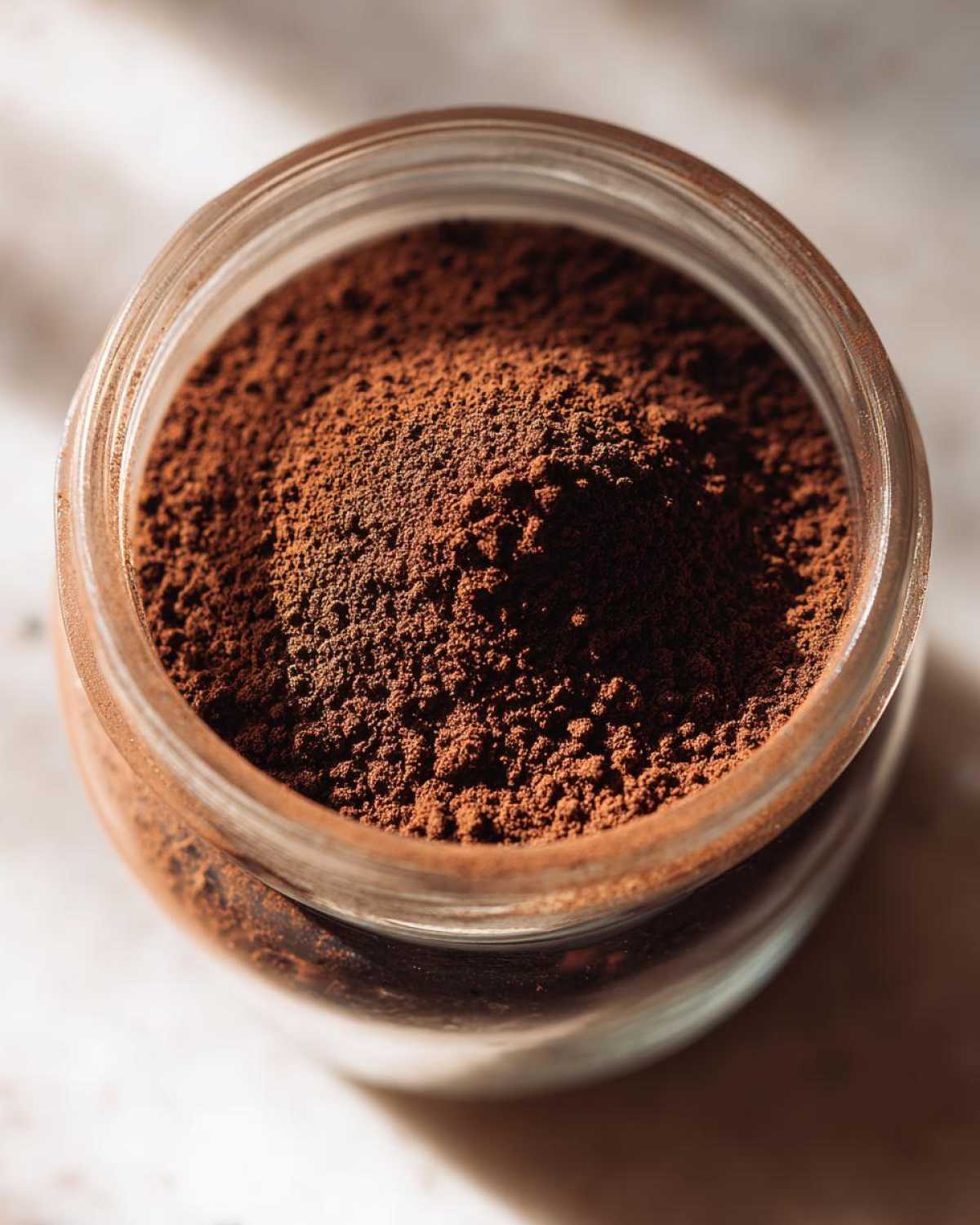 Overhead close-up of rich brown homemade hot cocoa mix powder filling a small glass jar.