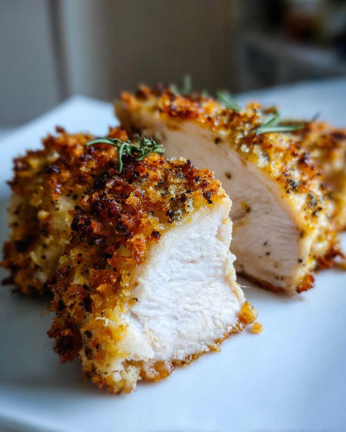 Close-up of juicy parmesan crusted chicken breast sliced in half, showing the white interior and golden crust.