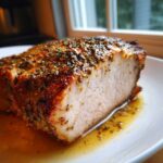 A cross-section slice of a perfectly cooked pork loin roast showing the juicy interior and seasoned, browned exterior.