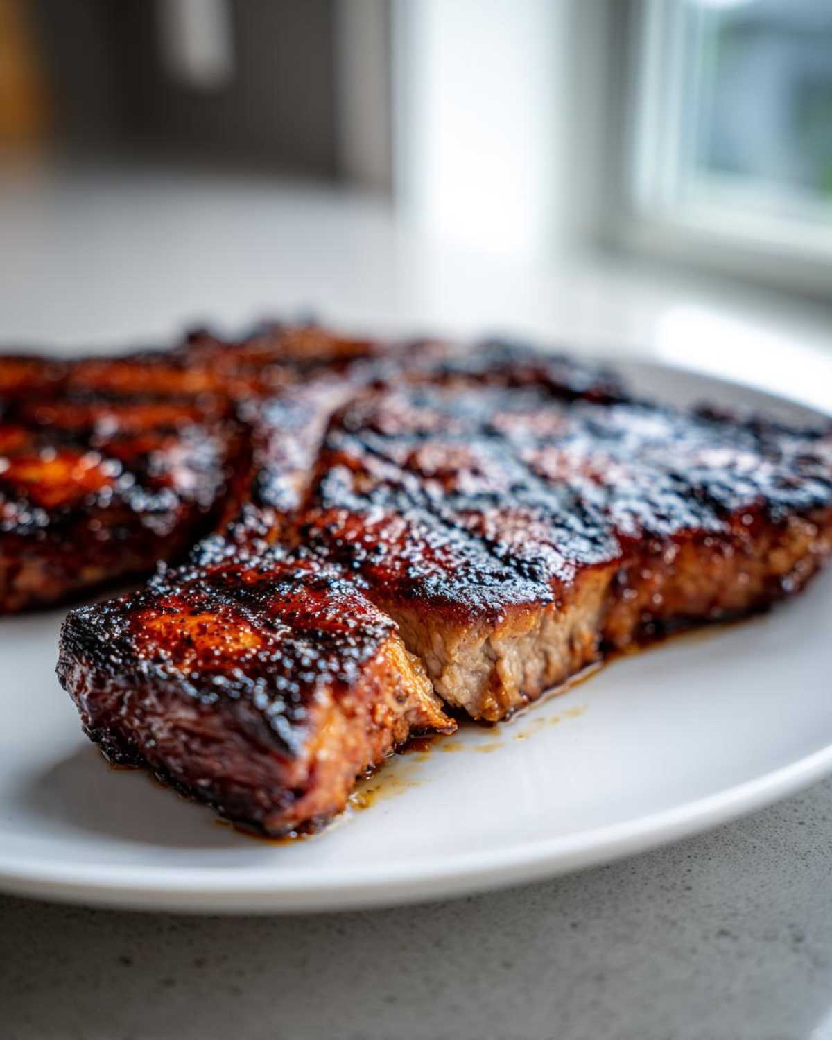 Close-up of a thick, juicy pork steak recipe cut into slices, showing a dark, caramelized glaze and grill marks.