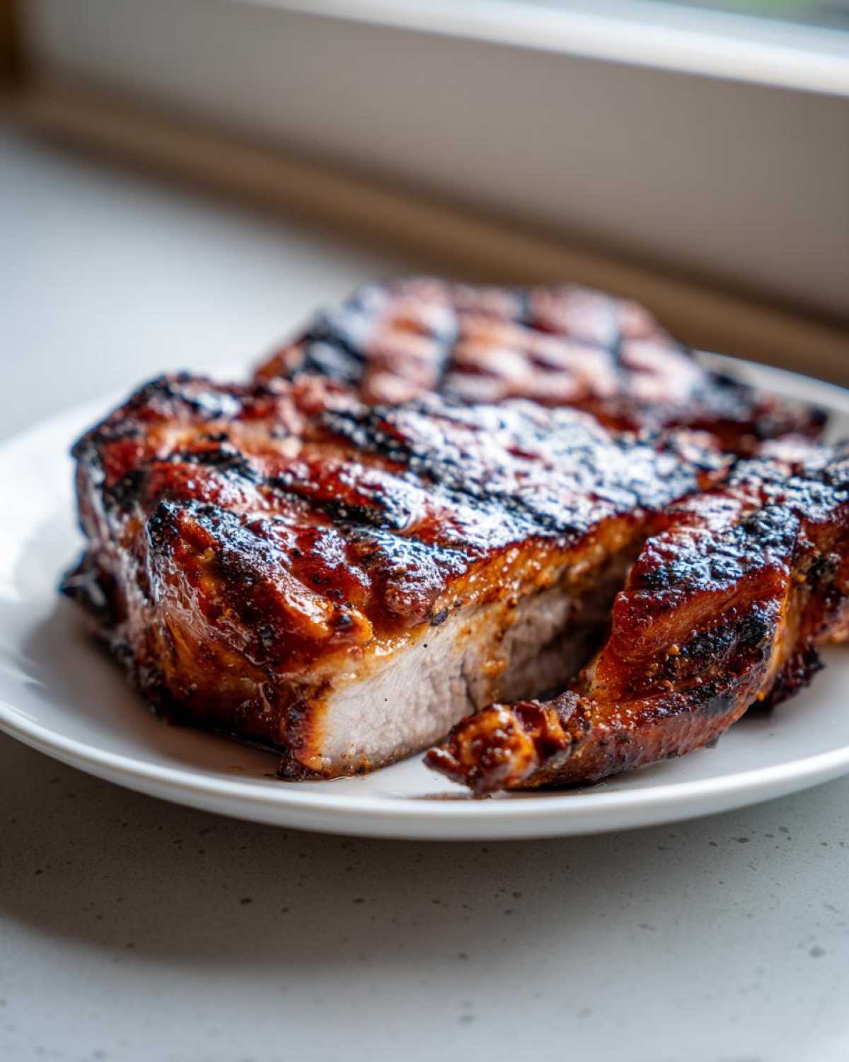 Close-up of a thick, juicy pork steak recipe cut open, showing a perfect sear from grilling.
