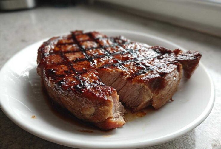 Close-up of a perfectly grilled and juicy pork steak resting on a white plate, showing clear grill marks.