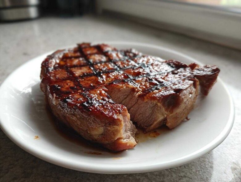 Close-up of a perfectly grilled and juicy pork steak resting on a white plate, showing clear grill marks.