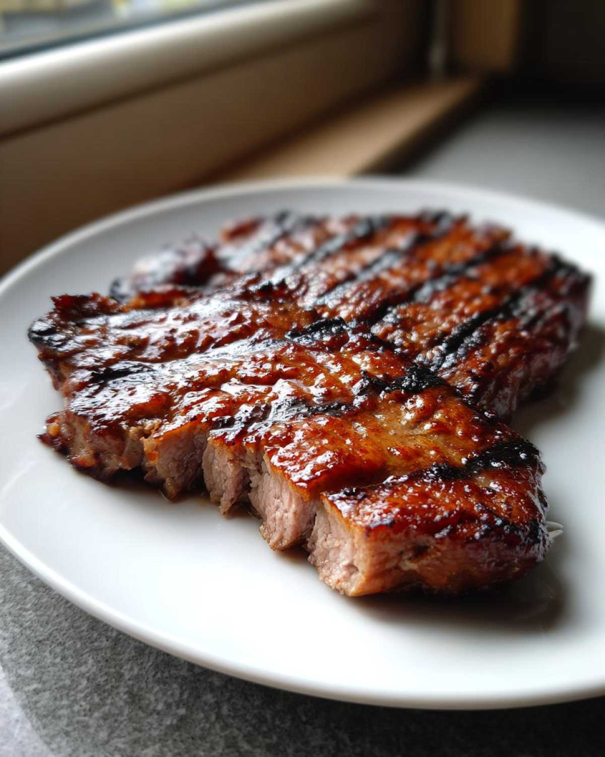Close-up of a perfectly cooked and sliced pork steak recipe showing juicy pink center and caramelized grill marks.