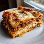 A hearty, cheesy slice of lasagna with cottage cheese and meat sauce layers, baked golden brown.