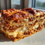 Close-up of a thick slice of Lasagna with Cottage Cheese showing multiple layers of pasta, meat sauce, and white cheese filling.