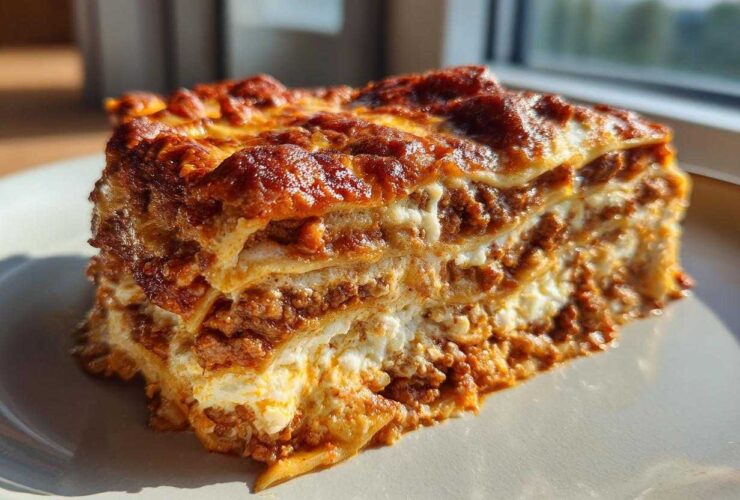 Close-up of a thick slice of Lasagna with Cottage Cheese showing multiple layers of pasta, meat sauce, and white cheese filling.