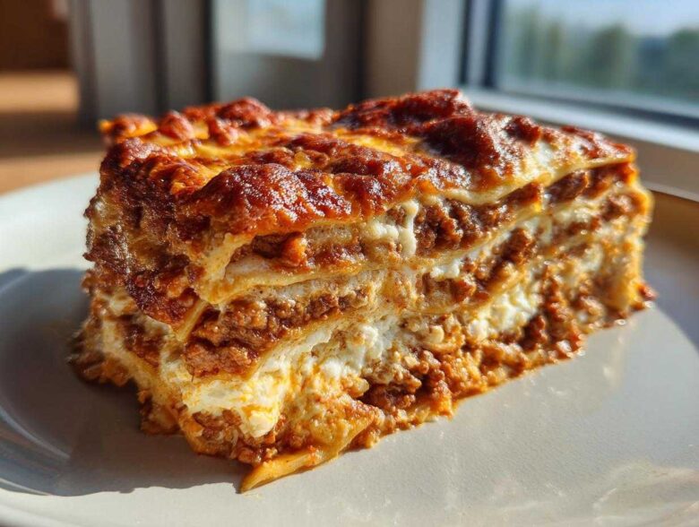 Close-up of a thick slice of Lasagna with Cottage Cheese showing multiple layers of pasta, meat sauce, and white cheese filling.