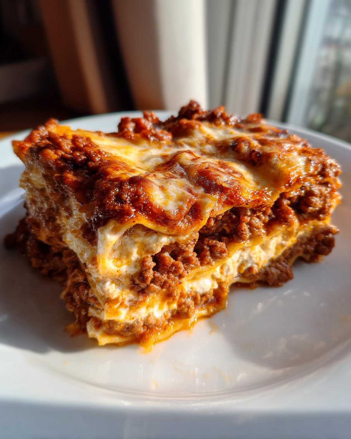 A generous, layered slice of Lasagna with Cottage Cheese showing rich meat sauce and creamy white layers.