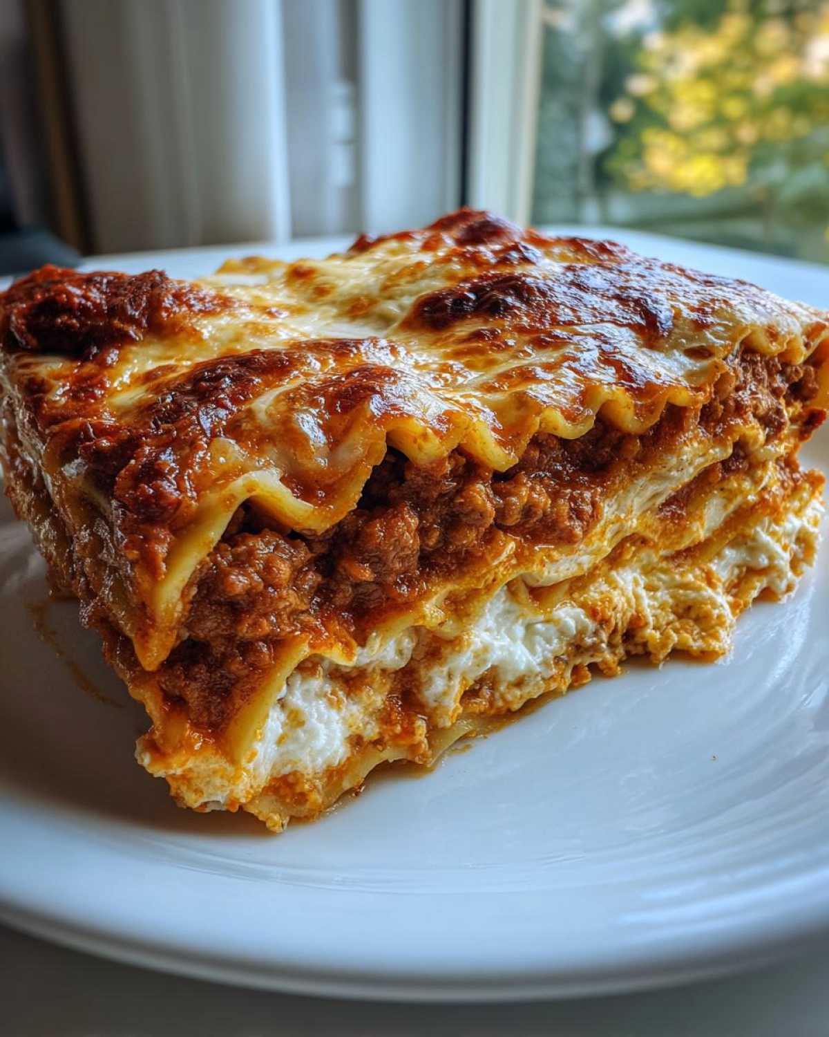 A close-up of a hearty slice of lasagna with cottage cheese layers, topped with melted, browned cheese.