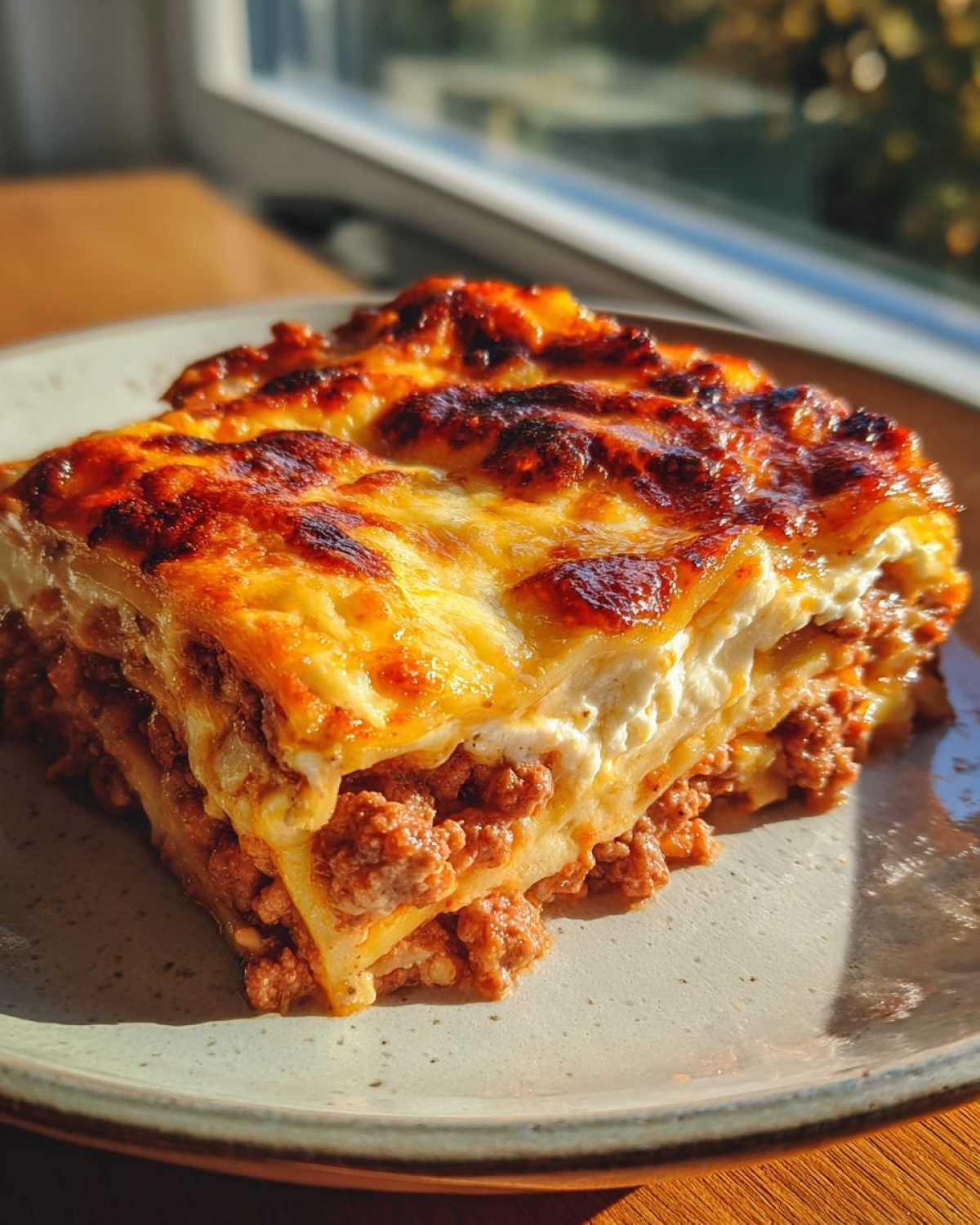 A thick, golden-brown slice of Lasagna with Cottage Cheese showing layers of meat sauce and creamy white filling.