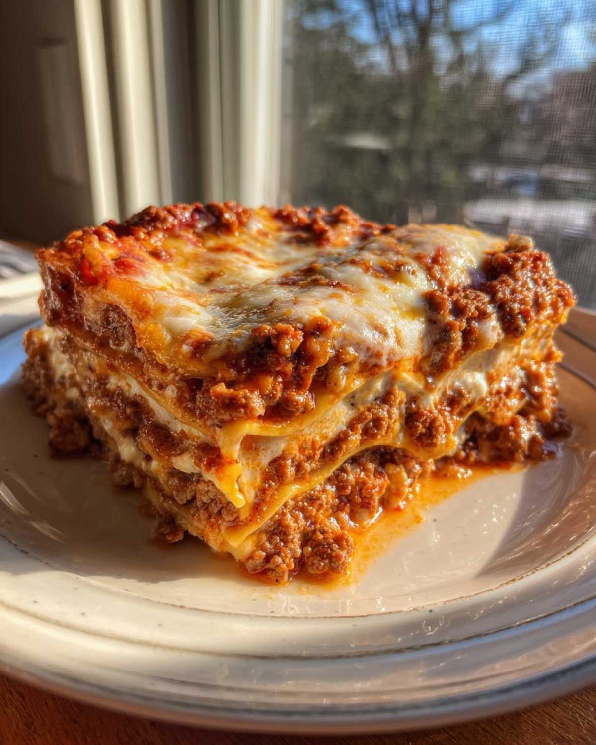 A thick, layered slice of Lasagna with Cottage Cheese, topped with melted cheese and rich meat sauce, sitting on a plate.