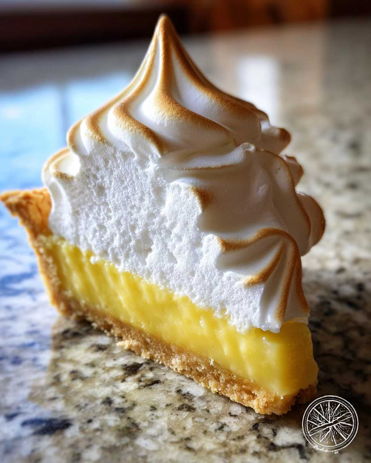 Close-up of a tall slice of lemon meringue pie showing bright yellow filling and perfectly toasted meringue peaks.