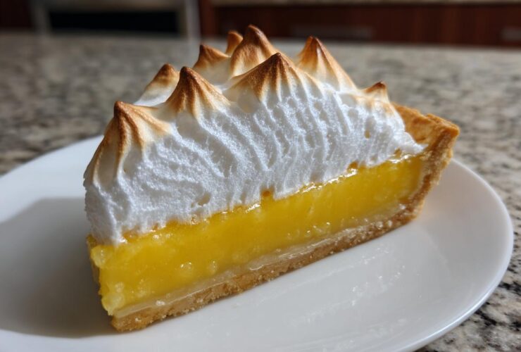 A close-up of a slice of lemon meringue pie showing bright yellow filling and tall, toasted meringue peaks.