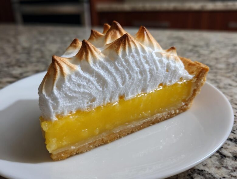A close-up of a slice of lemon meringue pie showing bright yellow filling and tall, toasted meringue peaks.