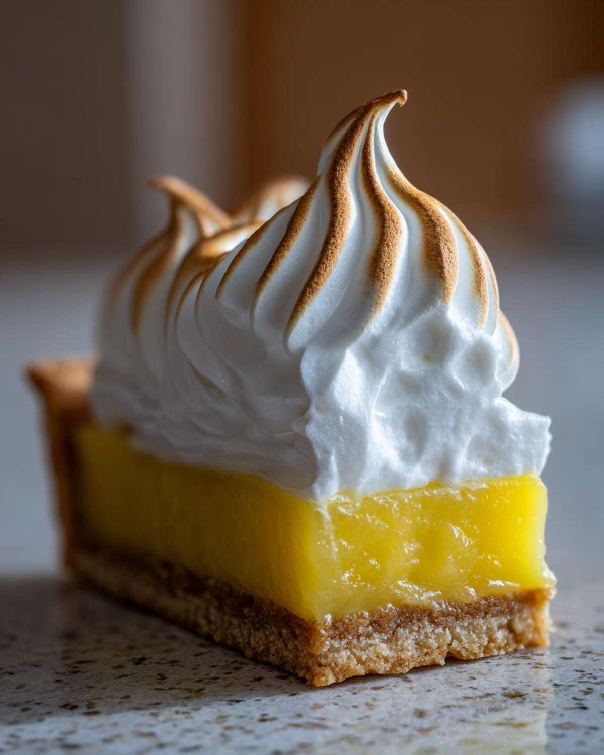 A close-up cross-section of a lemon meringue slice showing the graham cracker crust, bright yellow lemon filling, and torched meringue topping.