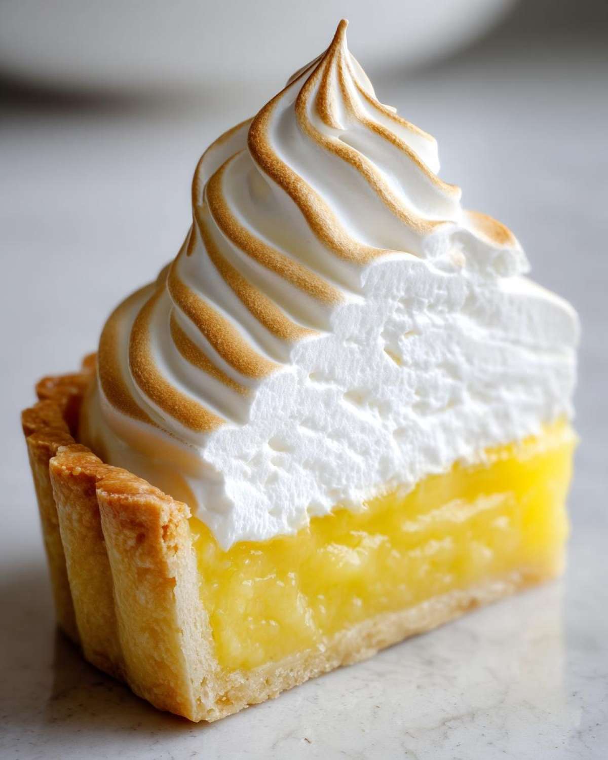 A close-up view of a slice of lemon meringue tart showing bright yellow filling, flaky crust, and torched meringue peaks.