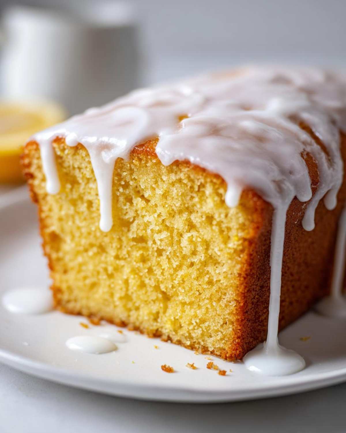 Close-up of a moist slice of lemon pound cake topped with thick, dripping white lemon glaze.