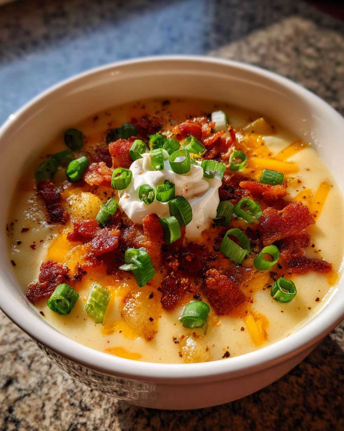Close-up of a creamy bowl of loaded baked potato soup topped with bacon, cheese, sour cream, and green onions.