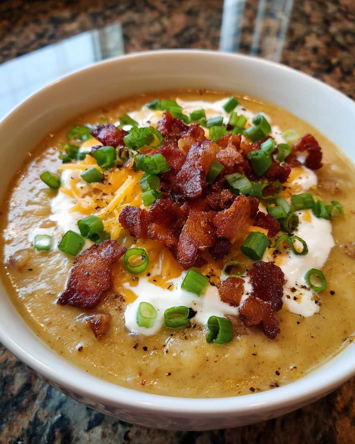 A close-up of a bowl of creamy loaded baked potato soup topped generously with bacon, shredded cheese, sour cream, and green onions.