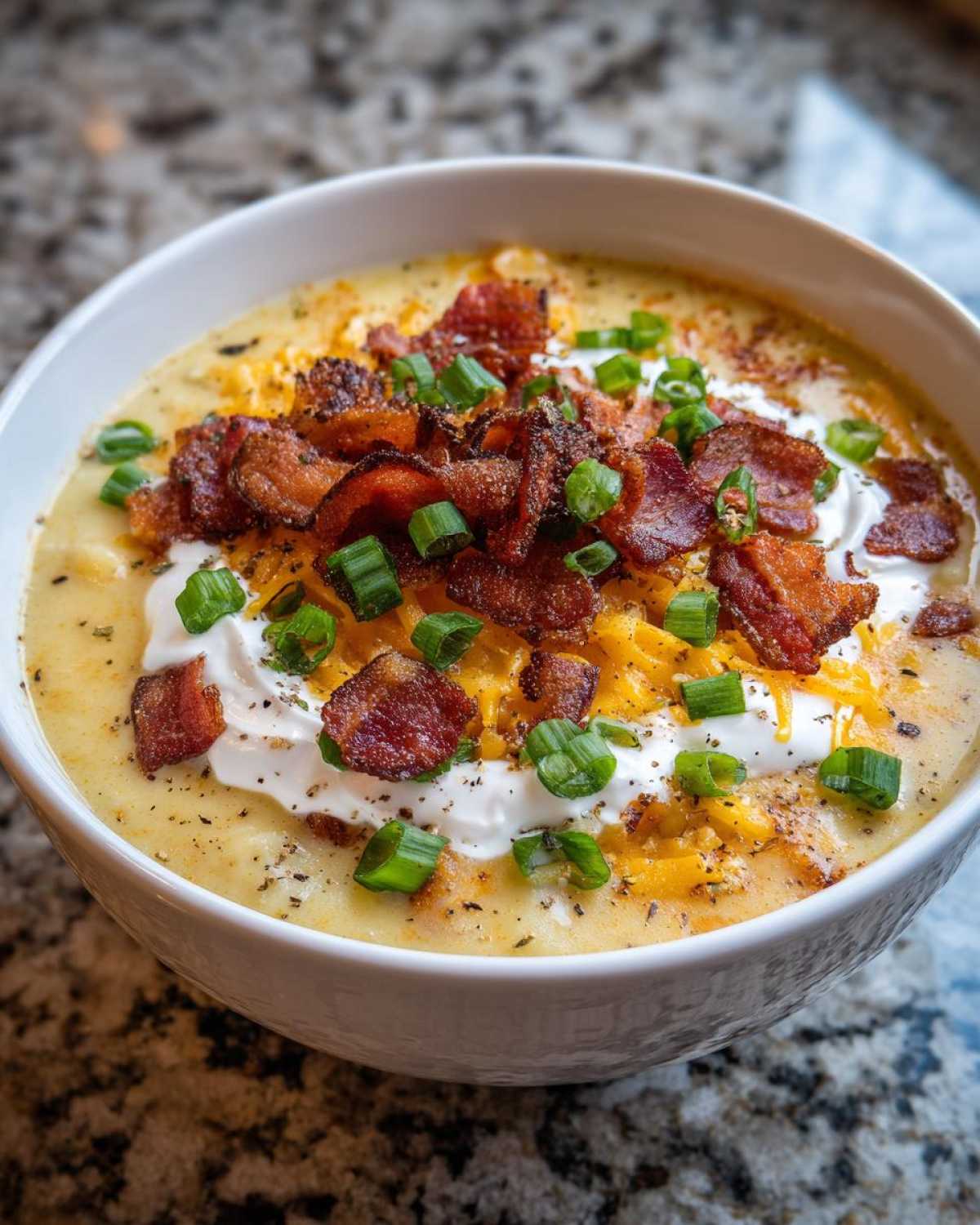 A close-up of a bowl of rich loaded baked potato soup topped with sour cream, cheddar cheese, bacon, and chives.