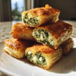 A stack of golden, flaky Mediterranean Spinach and Feta Cheese Crisps, showing the creamy filling inside.