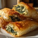 Close-up of flaky Mediterranean Spinach and Feta Cheese Crisps stacked on a white plate.