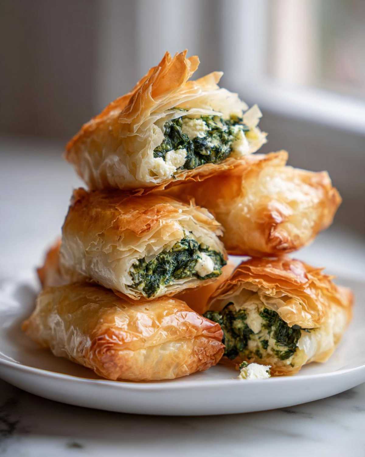 A stack of crispy, golden Mediterranean Spinach and Feta Cheese Crisps, cut open to show the filling.