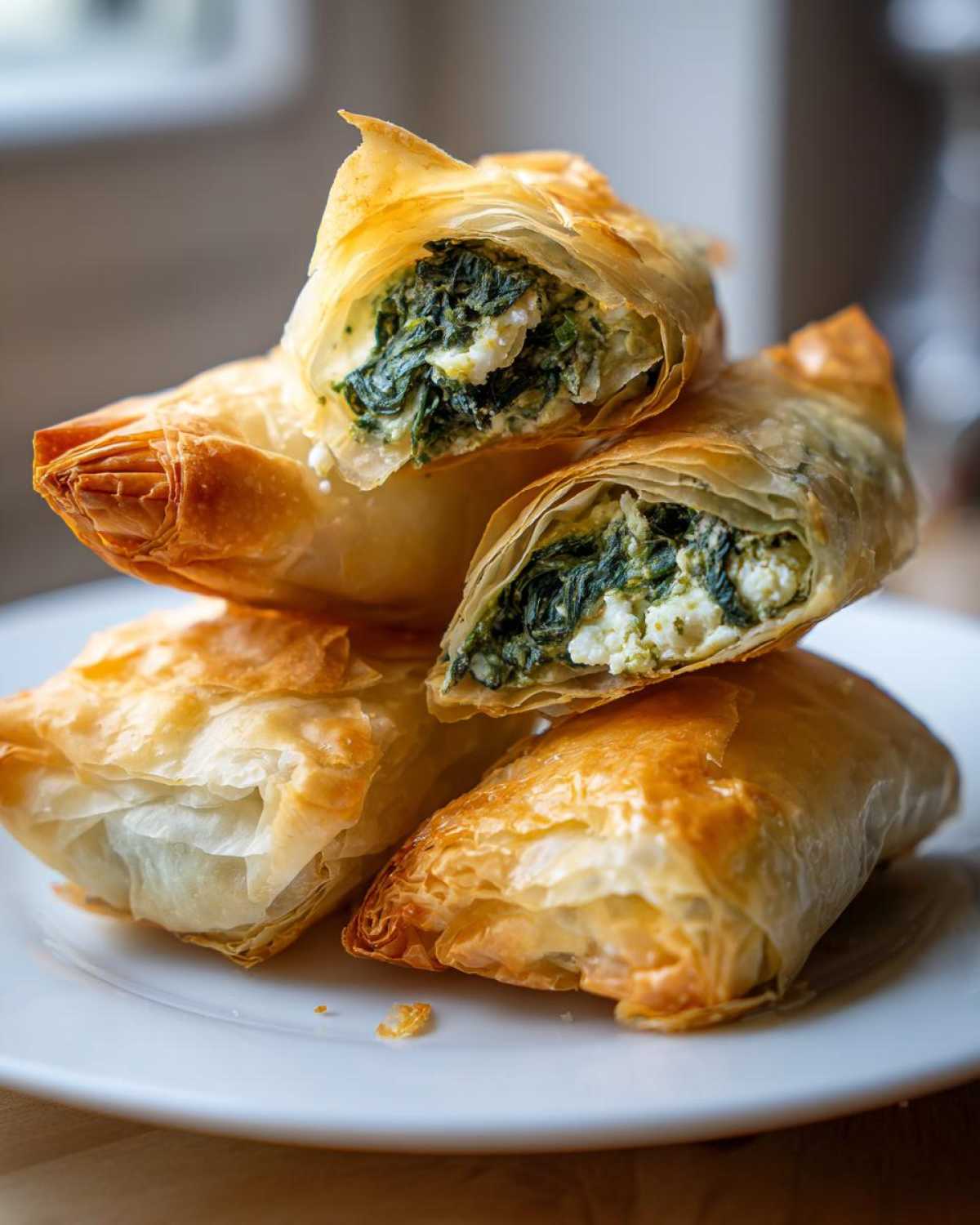 Close-up of flaky Mediterranean Spinach and Feta Cheese Crisps stacked on a white plate, one cut open showing the filling.