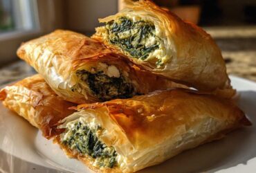Close-up of flaky Mediterranean Spinach and Feta Cheese Crisps stacked on a white plate.