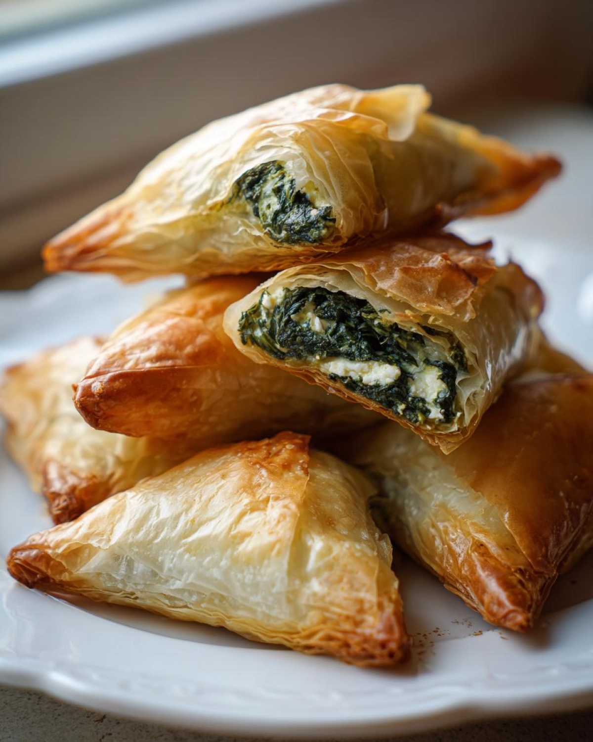 A stack of golden brown Mediterranean Spinach and Feta Cheese Crisps, one cut open showing the filling.