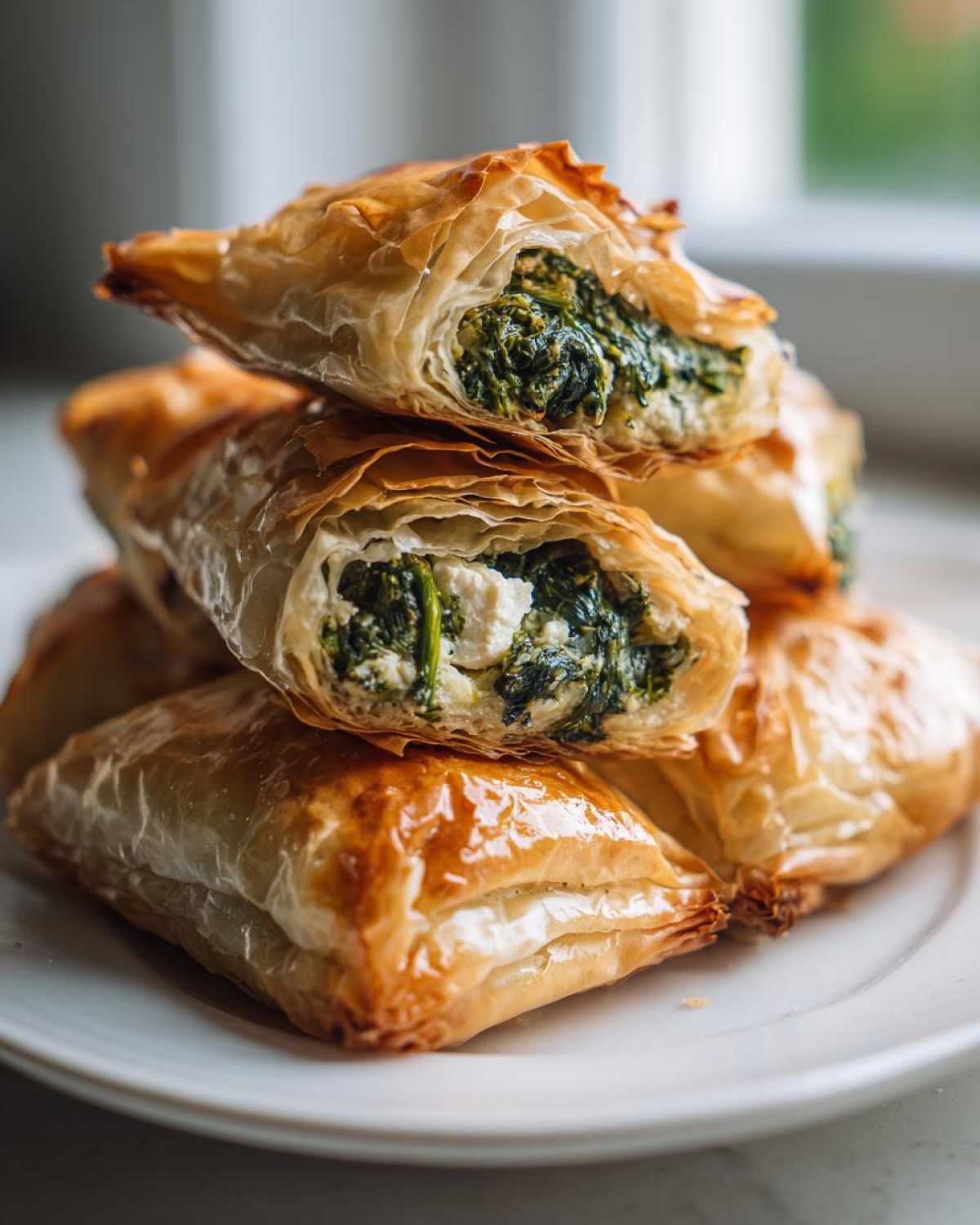 A stack of golden, flaky Mediterranean Spinach and Feta Cheese Crisps, one cut open showing the filling.