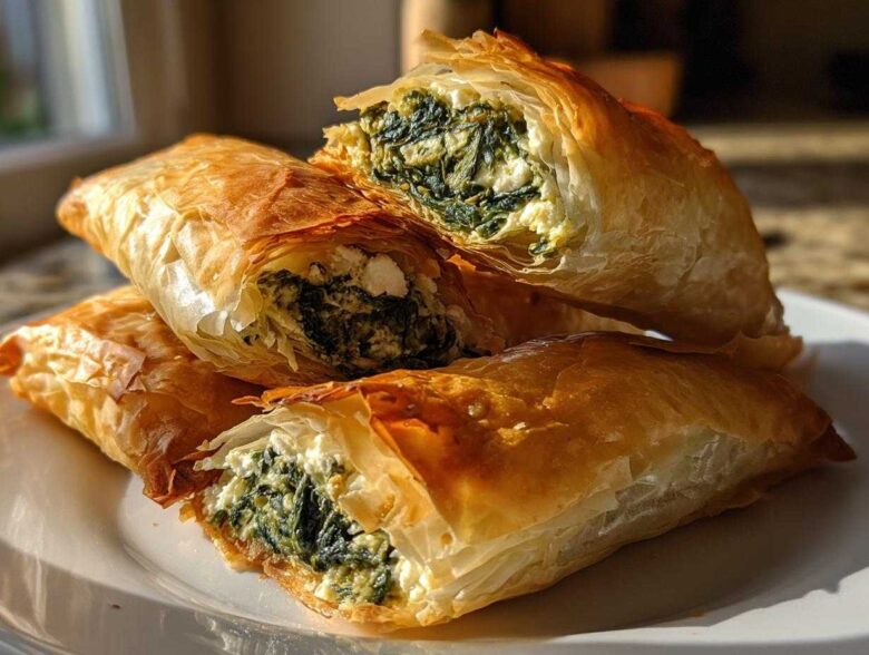 Close-up of flaky Mediterranean Spinach and Feta Cheese Crisps stacked on a white plate.