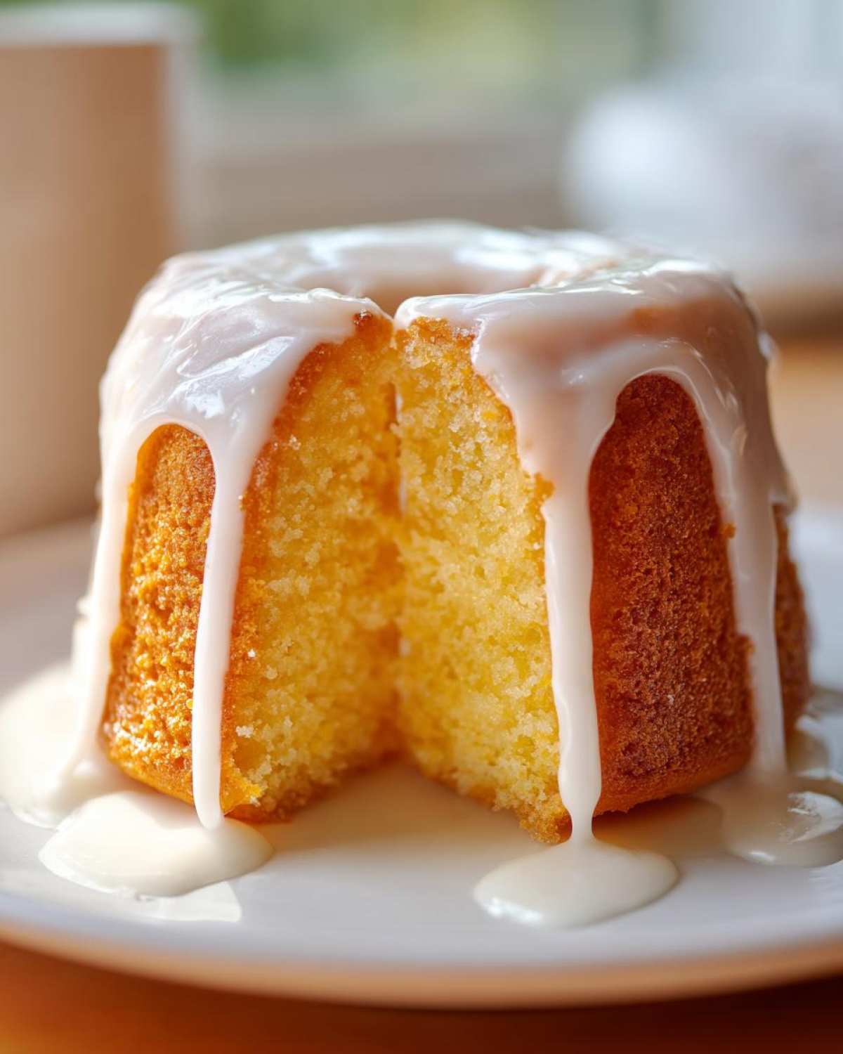 Close-up of a mini lemon pound cake, cut to show the moist texture, topped with dripping white glaze.