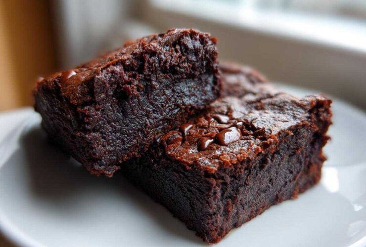 Two rich, fudgy pieces of black bean brownies stacked slightly on a white plate, showing melted chocolate chips.