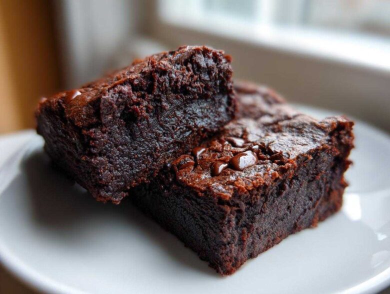 Two rich, fudgy pieces of black bean brownies stacked slightly on a white plate, showing melted chocolate chips.