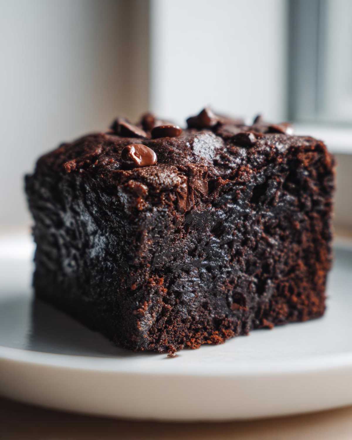 Close-up of a rich, dark slice of black bean brownies topped with melted chocolate chips on a white plate.