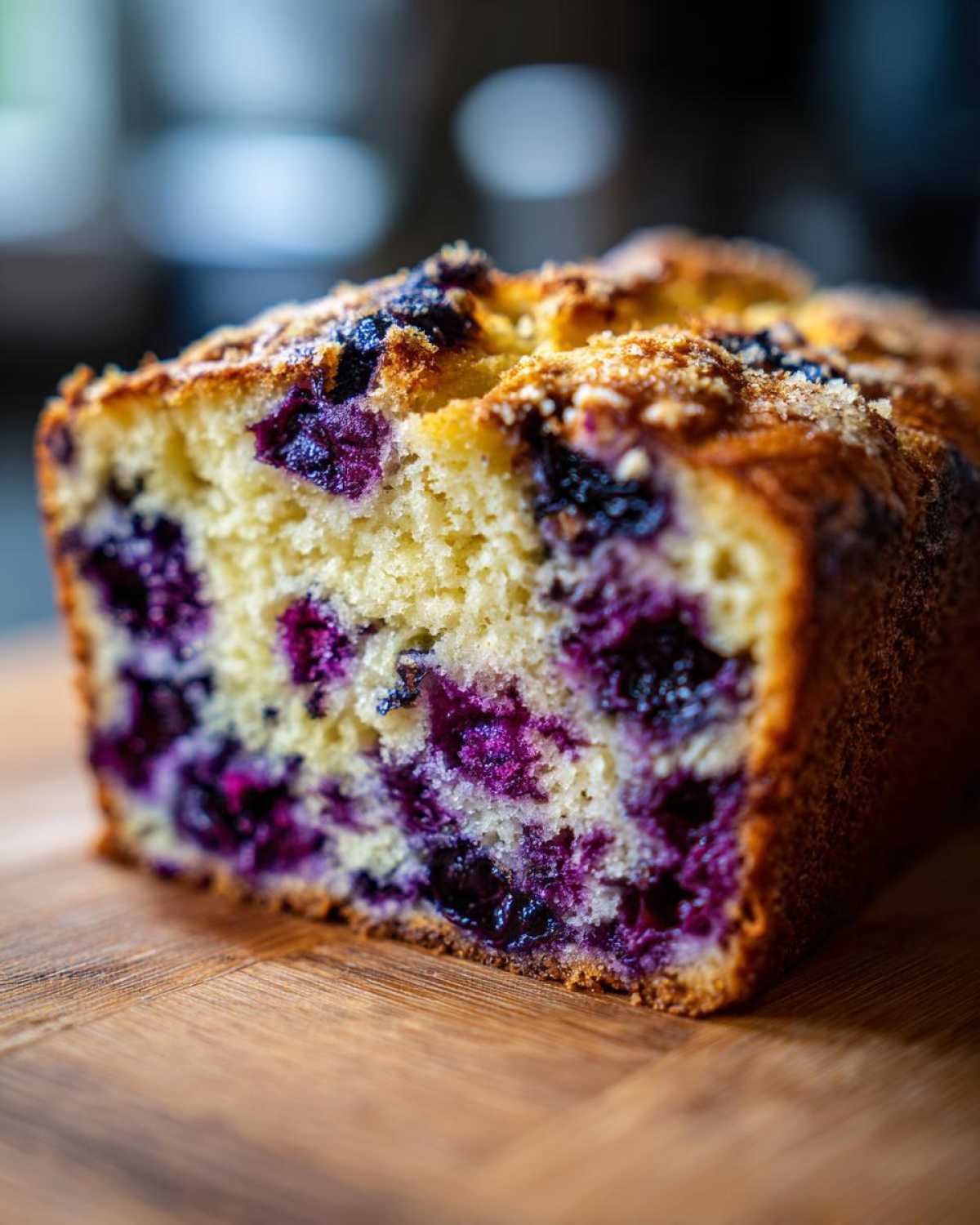 Close-up of a thick slice of moist blueberry banana bread showing vibrant purple blueberries baked into the yellow crumb.
