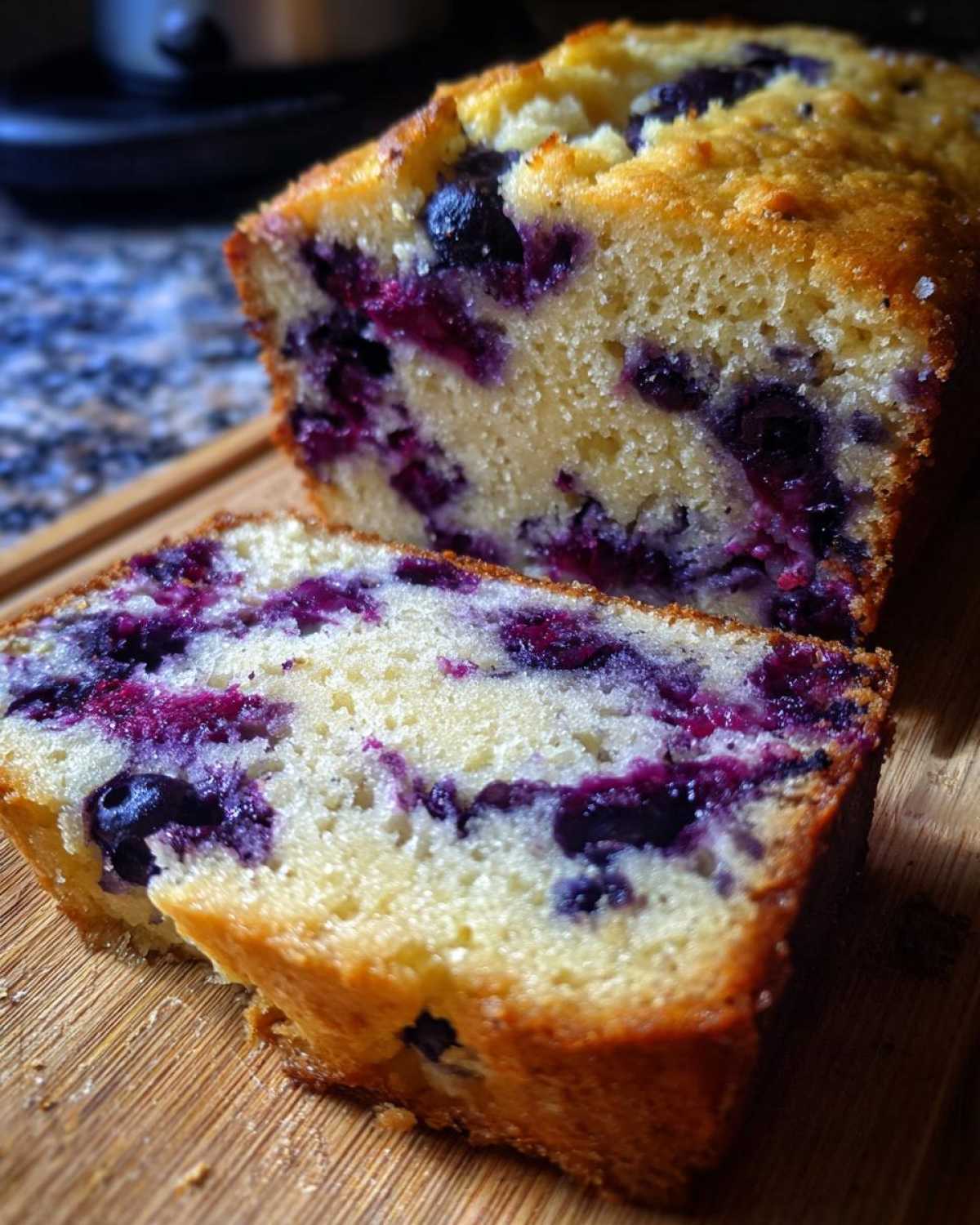 Close-up of a thick, moist slice of blueberry banana bread showing vibrant purple blueberries baked into the light yellow crumb.