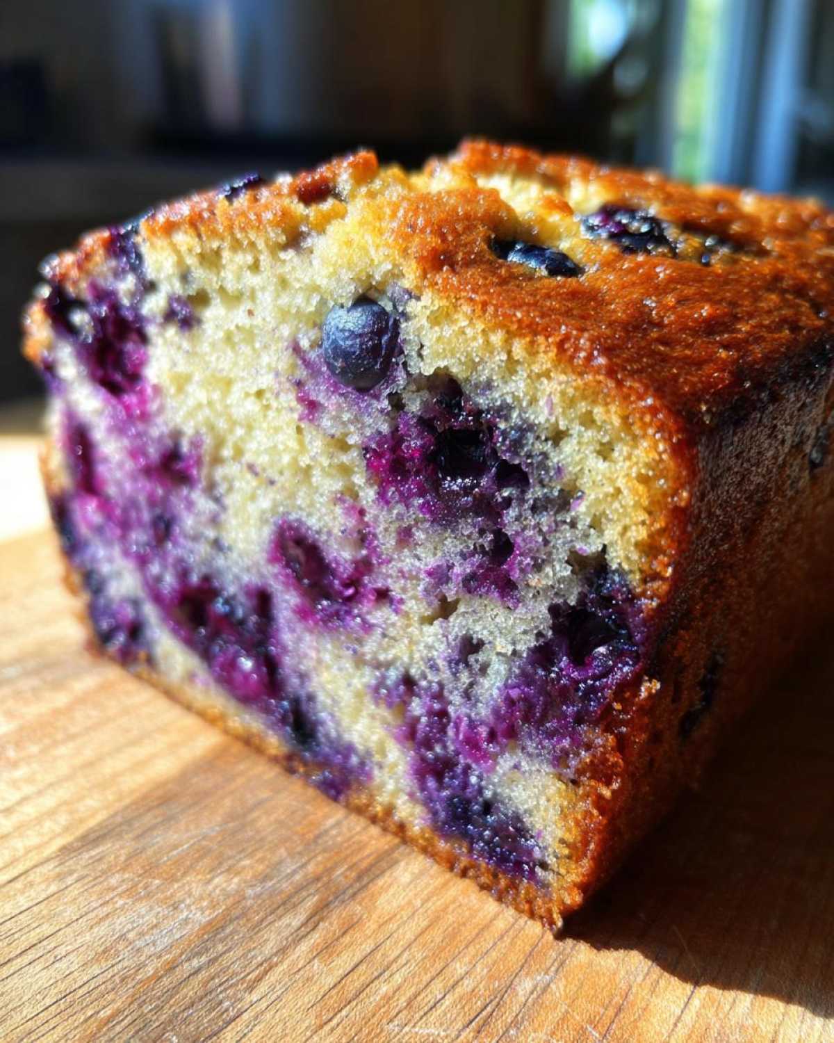 Close-up of a slice of moist blueberry banana bread showing vibrant purple blueberries baked into the golden crumb.