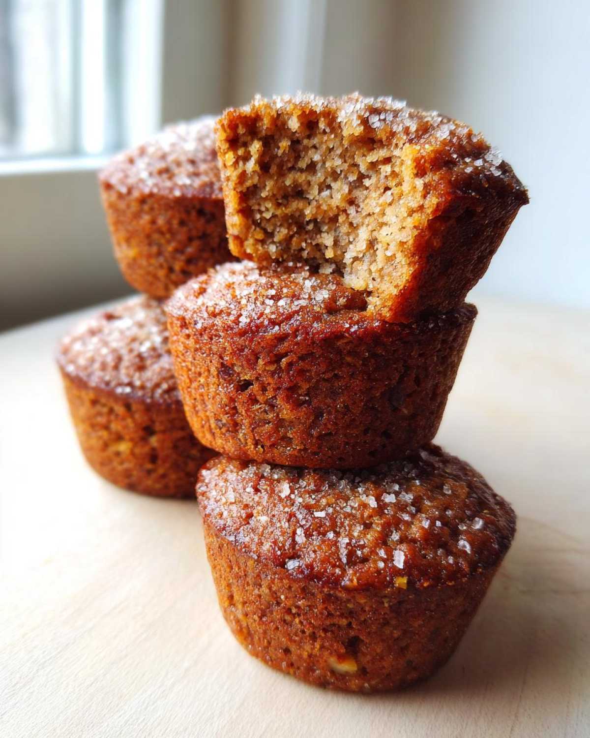 A stack of four moist bran muffins, one on top broken open to show the texture, sprinkled with coarse sugar.