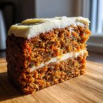 Close-up of a thick slice of moist carrot cake recipe with visible shredded carrots and cream cheese frosting.