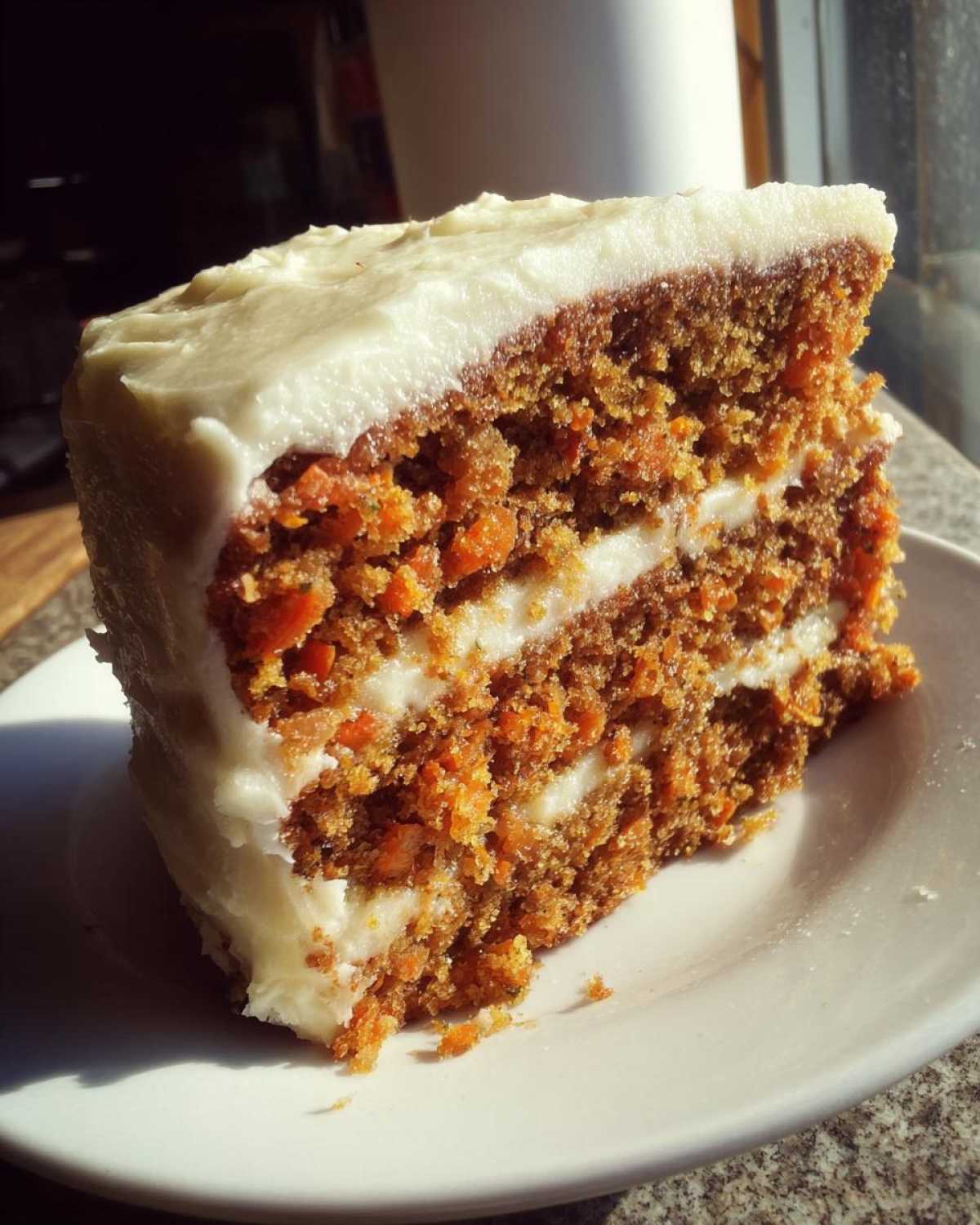 A close-up, sunlit slice of moist carrot cake recipe showing two layers filled and topped with thick cream cheese frosting.