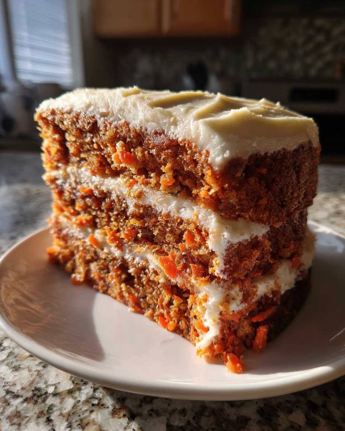 A tall, moist slice of carrot cake recipe with thick cream cheese frosting layers.